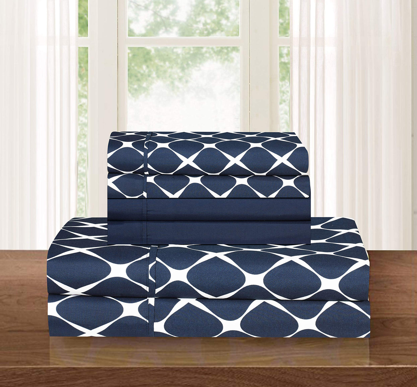 Elegant Comfort Luxury Softest and Coziest 6-Piece Bed Sheet Set, Wrinkle Resistant Milano Trellis Pattern-1500 Thread Count Egyptian Quality Microfiber Bedding Set, Queen, Navy Blue