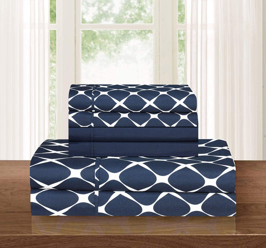 Elegant Comfort Luxury Softest and Coziest 6-Piece Bed Sheet Set, Wrinkle Resistant Milano Trellis Pattern-1500 Thread Count Egyptian Quality Microfiber Bedding Set, Queen, Navy Blue