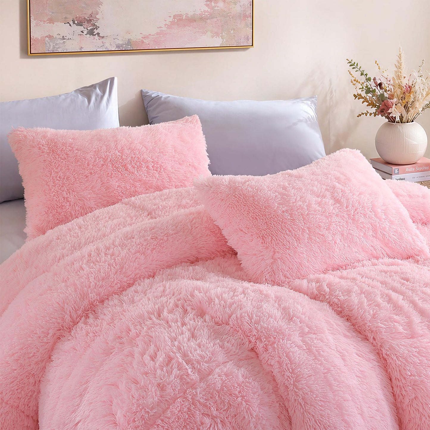 Smoofy Fluffy Queen Comforter Set, Faux Fur Pink Comforter Set Queen Size, Luxury Fuzzy Bedding Set, Soft Shaggy Bed Set Pink for All Season, 3 Pieces - 1 Comforter & 2 Pillowcases