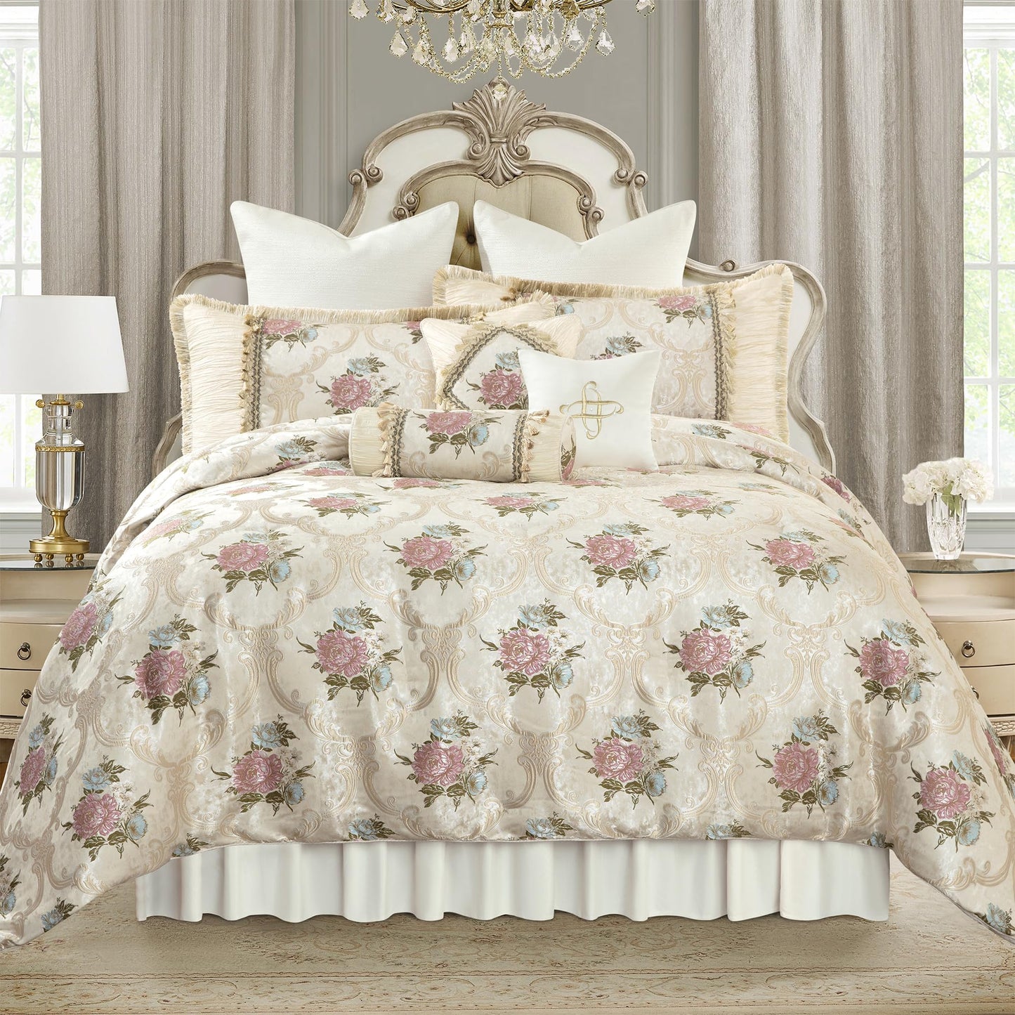 Loom and Mill 9-Piece Luxury European Floral Comforter Sets, Romantic French-Style Jacquard Bedding Set Queen Size with Euro Shams, Bedskirt, Filled Decorative Pillow for Home(Pearly Beige,Queen)