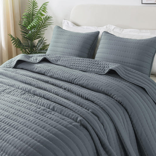 ROARINGWILD Blue King Size Quilt Bedding Sets with 2 Pillow Shams, Lightweight Soft Bedspread Coverlet, Quilted Blanket Thin Comforter Bed Cover for All Season, 3 Pieces, 104x90 inches