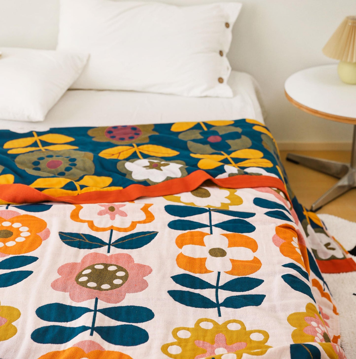 Scientific Sleep Retro Floral Modern Boho Flower Lively Bright Blanket Throw 100% Cotton Muslin for Kids Girls Bed Couch Sofa Cozy Soft Reversible Quilt Bedspread Coverlet Full Queen 80 in x 90 in