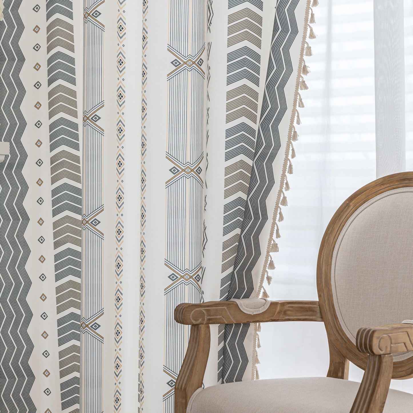 Erbnaryx Gray Geometric Curtains 72 Inches Long, Boho Farmhouse Light Filtering Rod Pocket Drapes with Tassel Trim for Bedroom Living Room, 2 Panels
