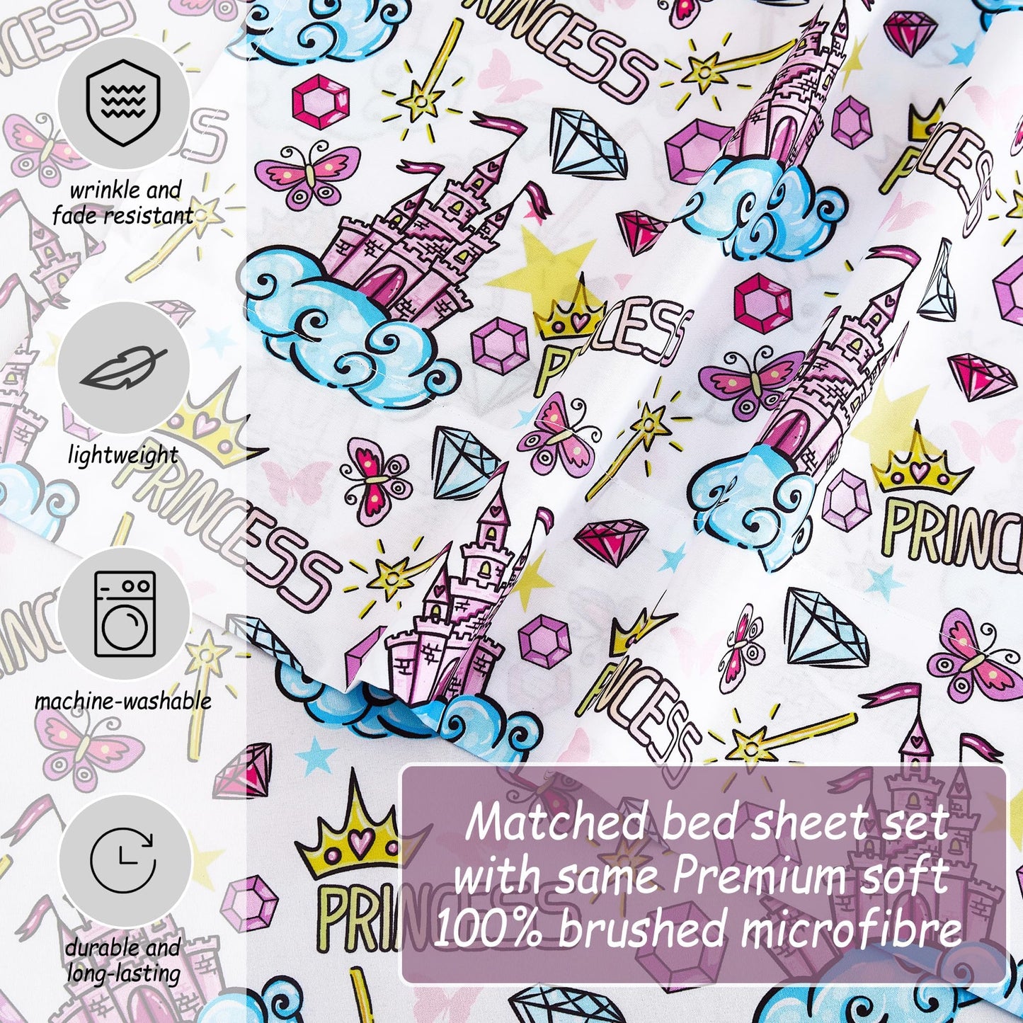 Softan Kids Bed Sheet Set, 3-Piece Twin Sheets Set, Microfiber Fitted Sheet with 15 Inches Deep Pocket and Corner Straps, Breathable & Silky Soft Castle Diamond Printed Sheet and Pillowcase Sets