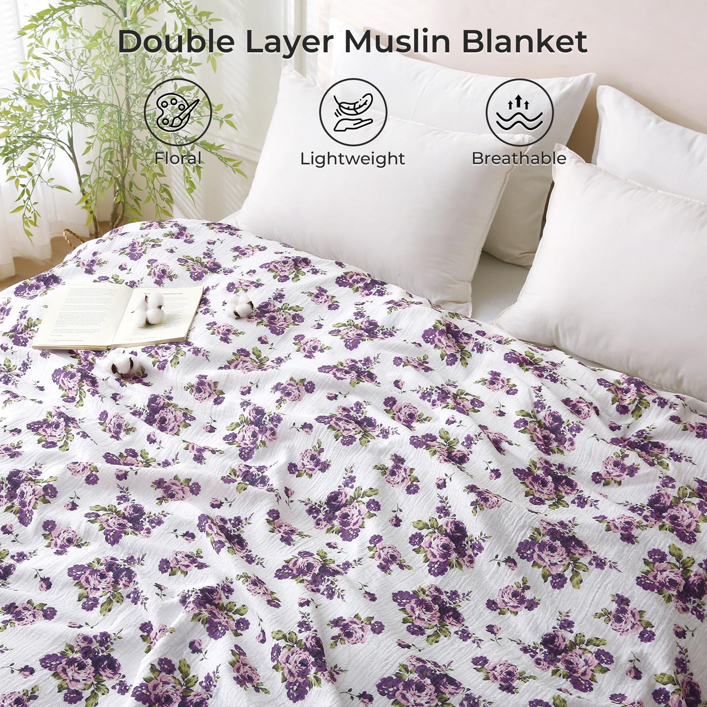 Muslin Blankets for Adults Reversible Throw Fleece & Gauze, Soft Cozy Lightweight Breathable Floral Blanket for Bed Couch, Double Layer Muslin Purple Rose Throw Cover 90"x90"
