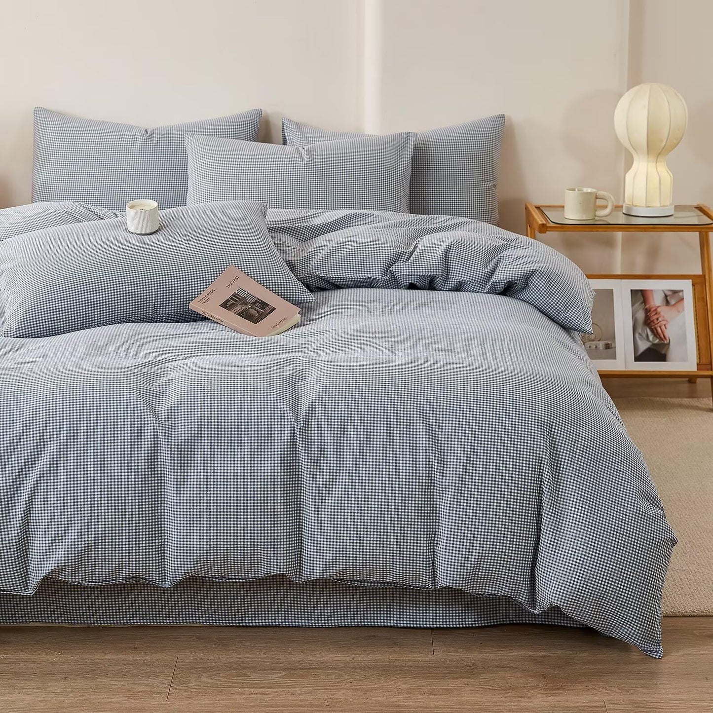 AMZTOP Soft Cotton King Size Duvet Cover Set 3 Pcs,1 Duvet Cover and 2 Pillowcases,100% Washed Cotton Blue Gingham Design Bed Set,Zipper Closure Comforter Covers King Size 104"×90"