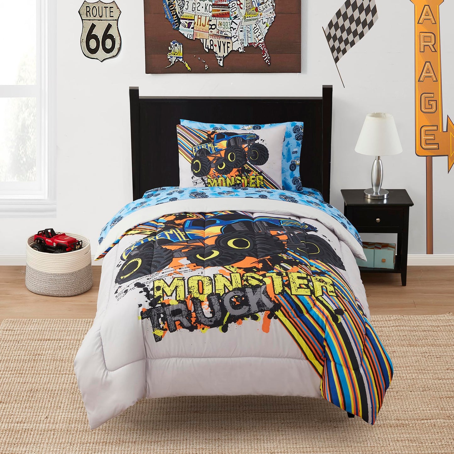 Kids Bedding Set Bed in a Bag for Boys and Girls Toddlers Printed Sheet Set and Comforter, Twin, Monster Truck