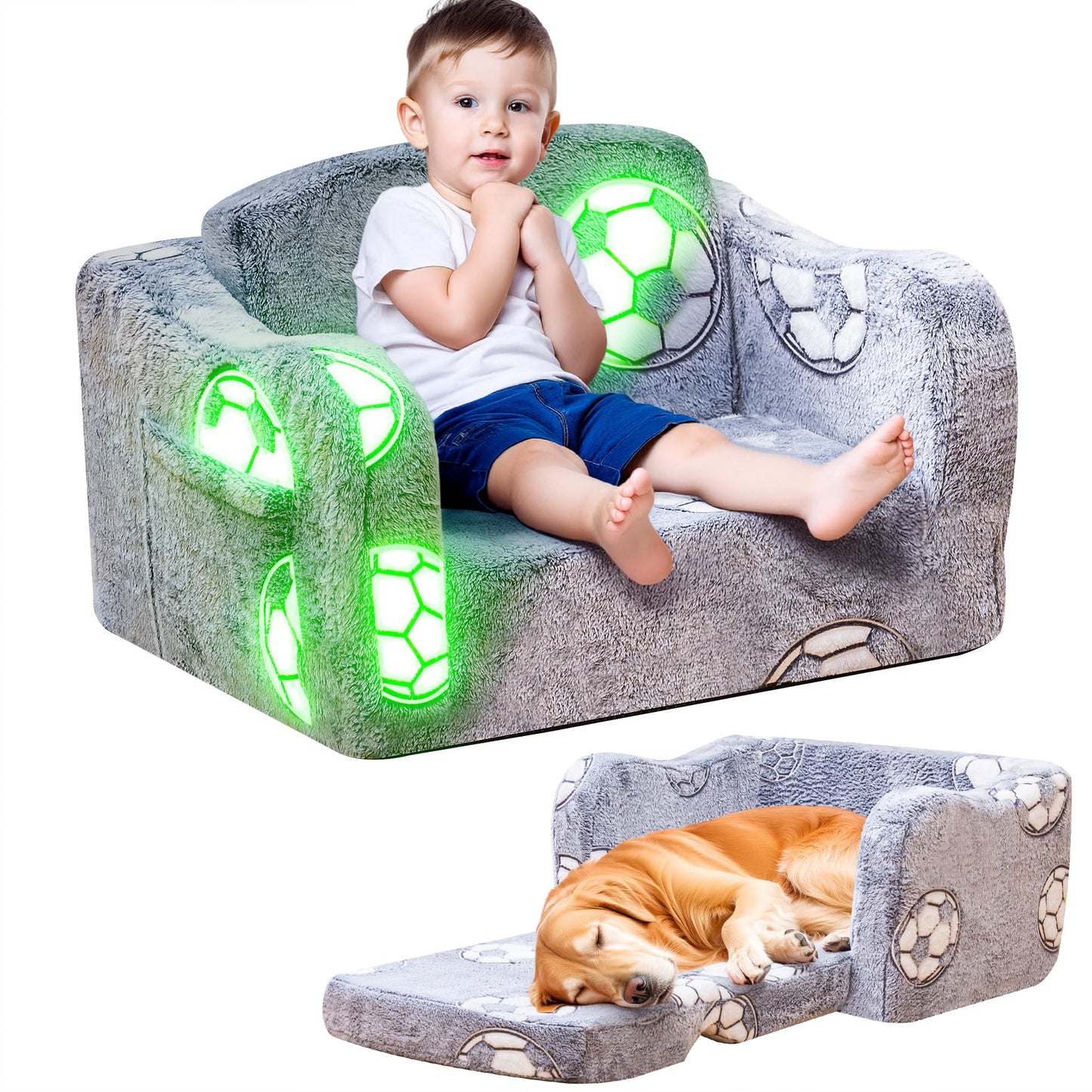 Lamerge 2-in-1 Toddler Couch,Glow in The Dark Baby Floor Bed,Foldable Toddler Chair Kids Sofa for playroom,Convertible Sofa to Lounger for Girls and Boys (Grey and Football)