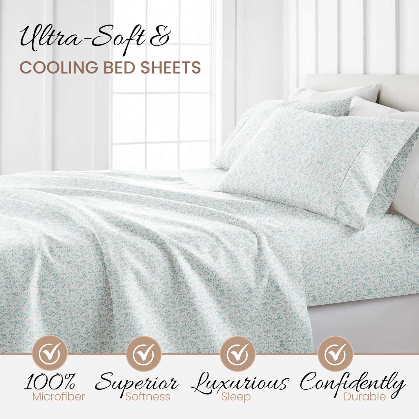 Linen Market Patterned Microfiber Queen Sheet Set 4 Piece – Oeko-TEX Certified Ultra Soft & Wrinkle-Free - 16" Deep Pocket Sheets - Easy Care Queen Size - Burst of Vines Light Blue