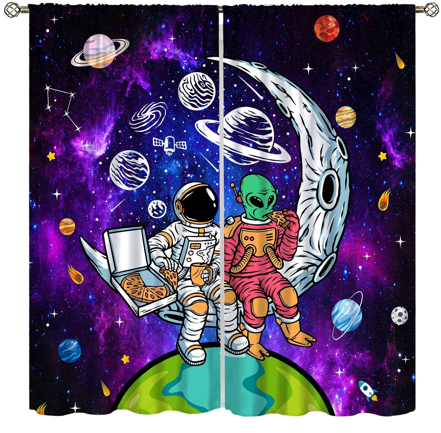 AAVEUP Universe Astronaut Blackout Curtains for Kids,Galaxy Space Planet Astronaut Alien Purple Outer Space Nebula Funny Meteor Earth Window Treatments for Boys Nursery Bedroom Living Room 63x72inch