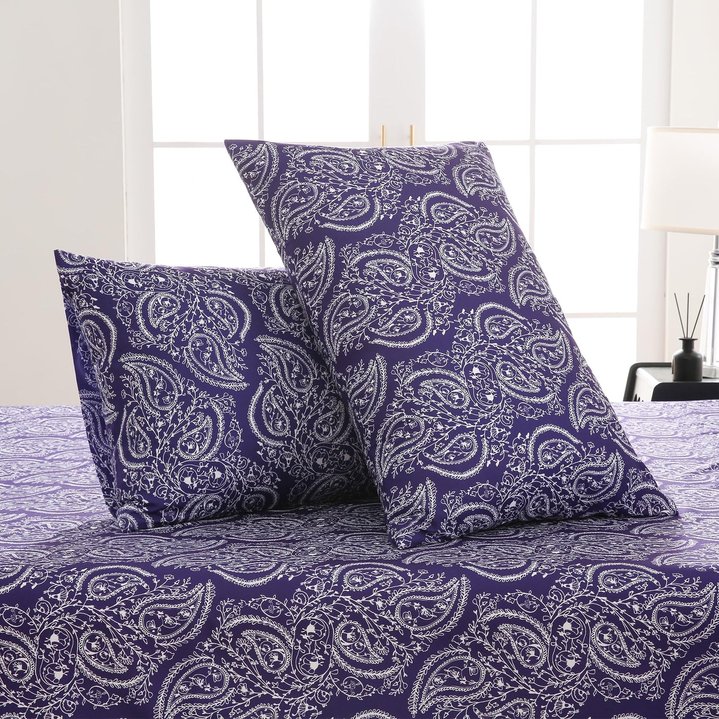 Yibeizi Queen Sheet Set Deep Pocket Queen Size Purple Paisley Bed Sheets Set, Floral Printed Soft Microfiber Oeko-Tex Sheets & Pillowcases Hypoallergenic Wrinkle Free Bedsheets