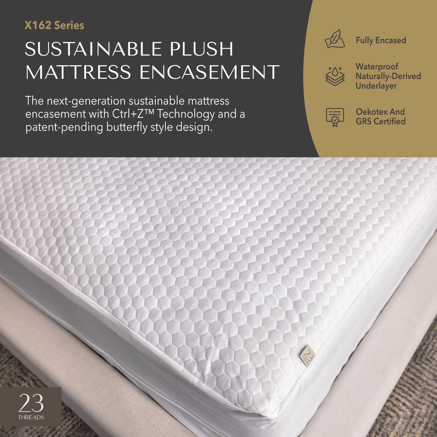 23 Threads X162 Series Soft Plush Waterproof Noiseless Mattress-Encasement, Zippered Protector Cover, Washable, with Ctrl+Z Technology, Mattress Not Included, 15 Inch Deep, Queen