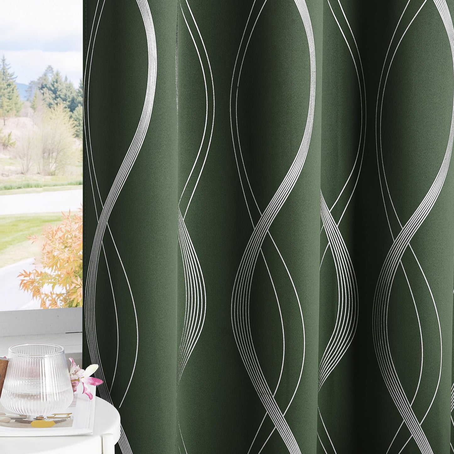 NICETOWN 100% Blackout Curtains 84 inch Length 2 Panels Set, Dark Mallard, 52" x 84", Noise Reducing Thermal Insulated Wave Line Foil Print Design Blackout Curtains for Hall Closet Villa Door