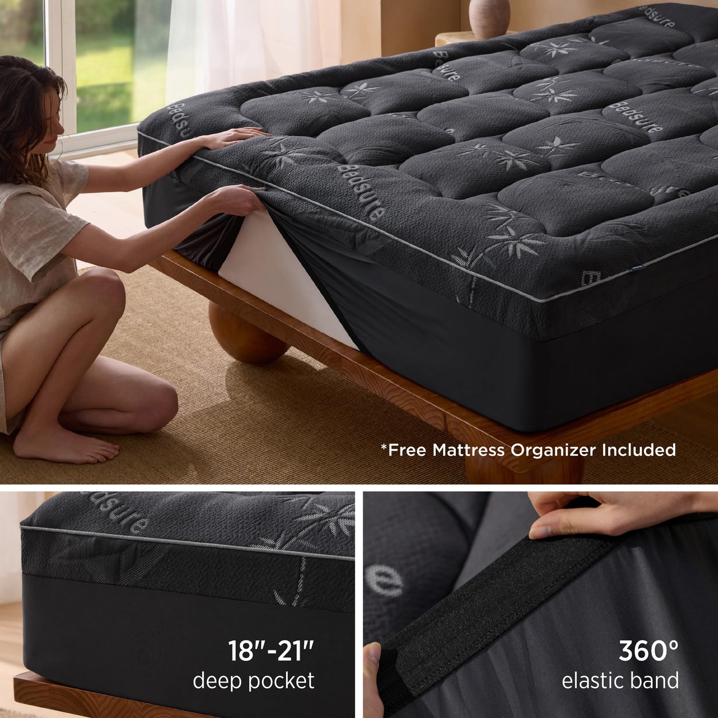 Bedsure Full Size Mattress Topper - Viscose Made from Bamboo Ultra Soft Thick Fluffy Pillow Top Mattress Pad with 21 Inch Deep Pocket, Breathable, Moisture Wicking, Black, 54x75 Inch