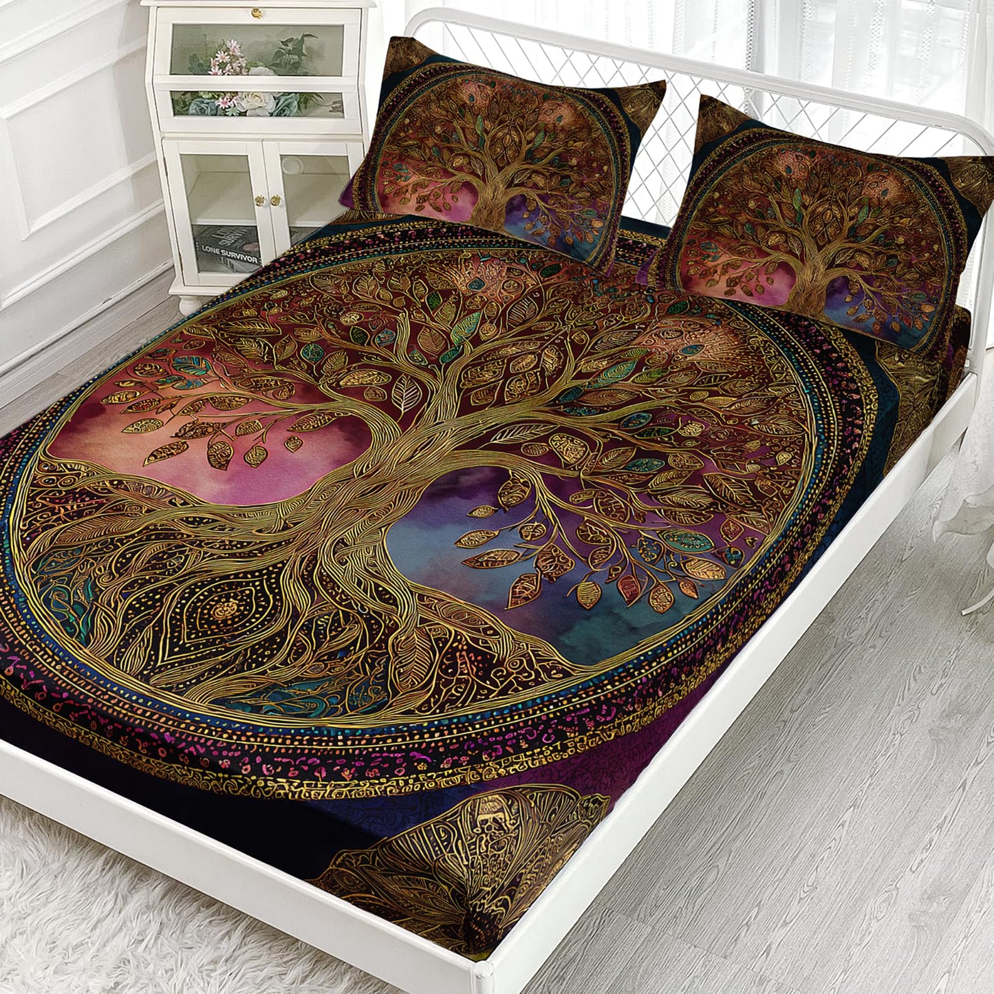 AILONEN Tree of Life Fitted Sheet Set Queen Size,Retro Floral Plant Bedding Set for Boys Girls,Bohemian Tree of Life Deep Pocket Sheets with 2 Pillowcases,3-Piece