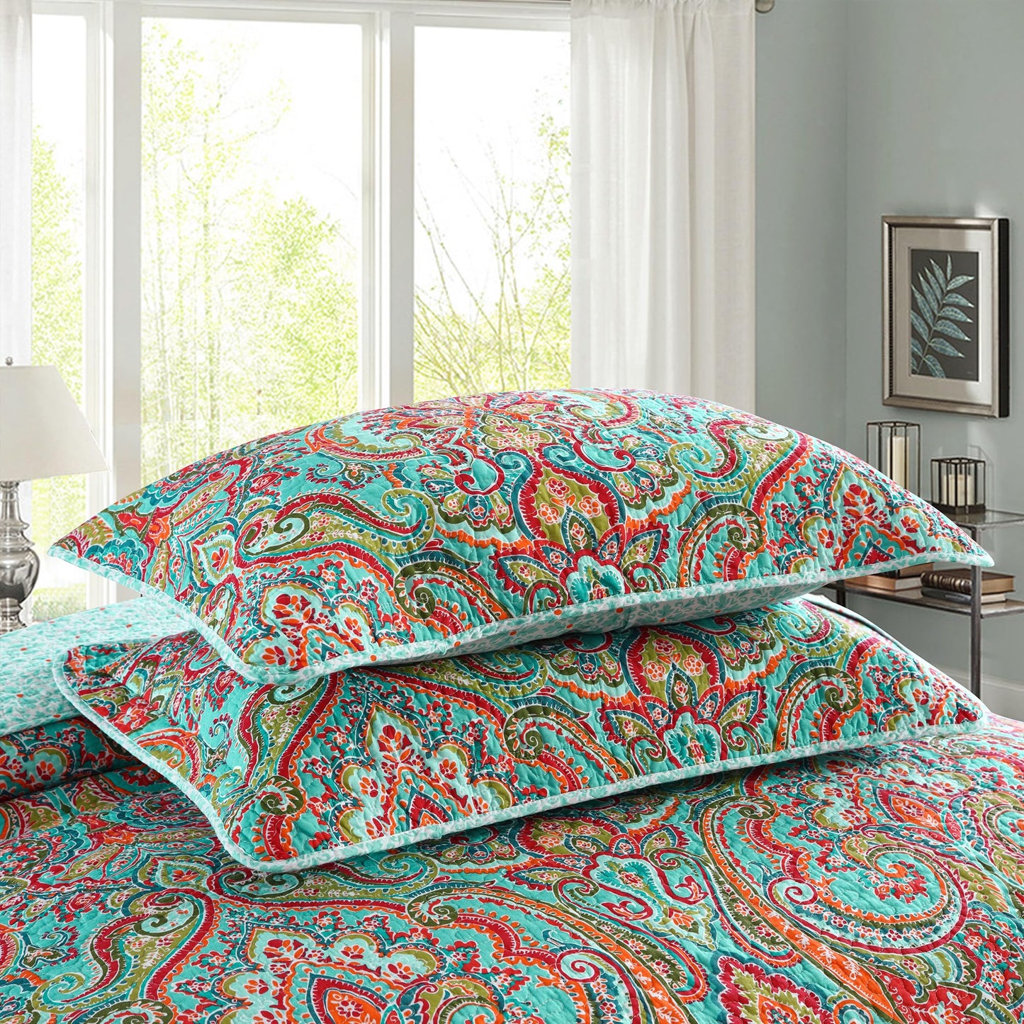 Etwel Lightweight Cotton Queen Size Quilt Set - Breathable Reversible Bedspread for Hot Sleepers, Farmhouse Floral Bedding Set with 2 Pillow Shams for All Season (90"x98", Crown Teal)