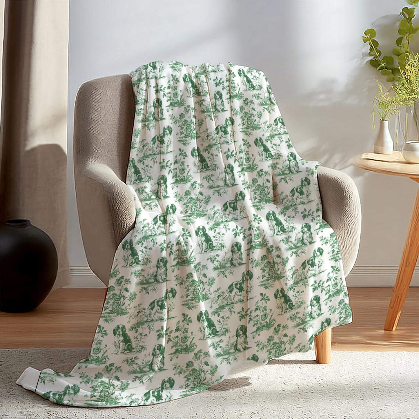 BUJSP Sage Green Chinoiserie Cavalier King Charles Spaniel Blanket, Springer Spaniel GOG Gifts,Green and White French Country Toile Dog Throw Blanket for Home Bedroom Couch Bed Decor, 50x60 Inches