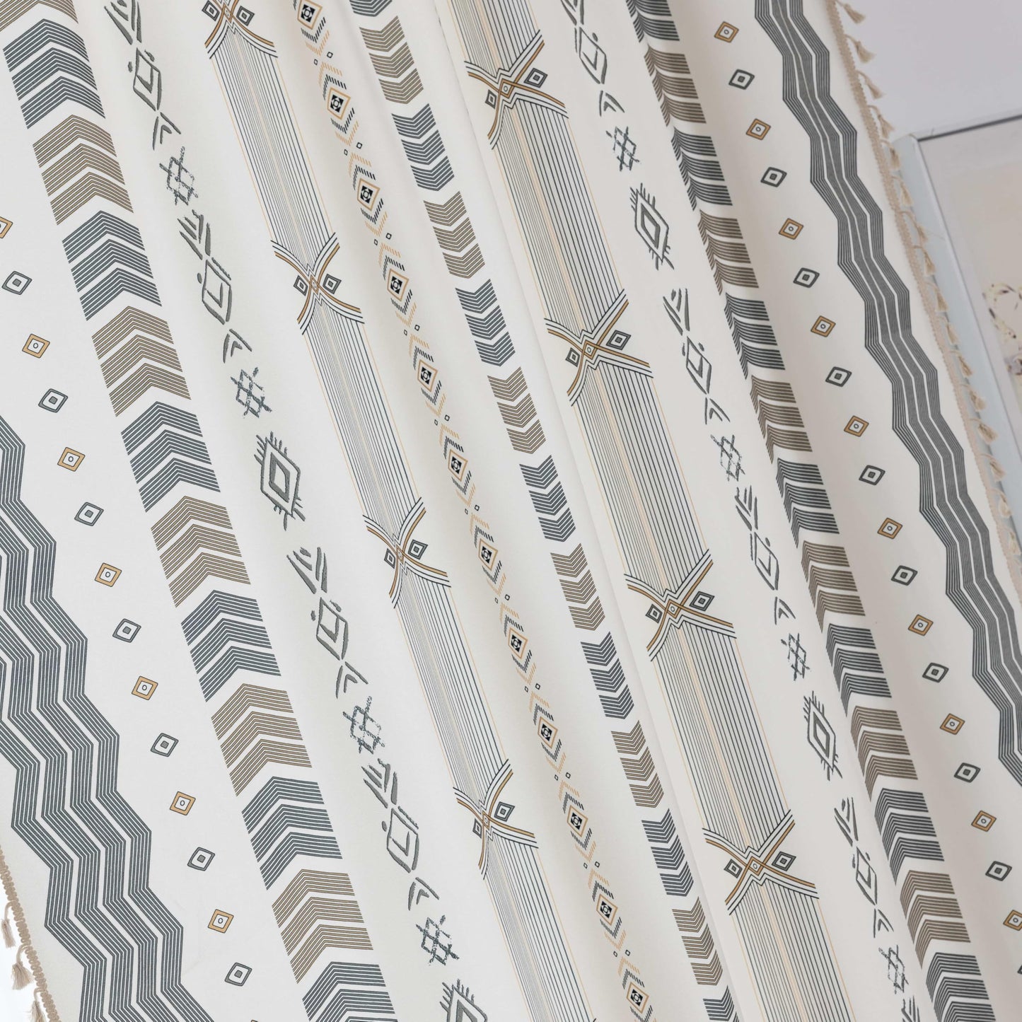 Erbnaryx Gray Geometric Curtains 72 Inches Long, Boho Farmhouse Light Filtering Rod Pocket Drapes with Tassel Trim for Bedroom Living Room, 2 Panels