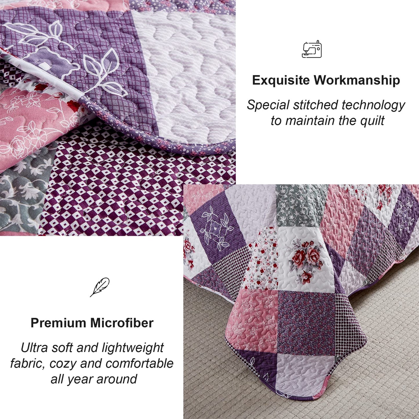 Dinjoy Purple Quilt Set Queen Size, Reversible Floral Plaid Patchwork Pattern Bedding Set Soft Microfiber Lightweight Bedspread Coverlet 3 Piece Spring Summer Use (90x90 inches)