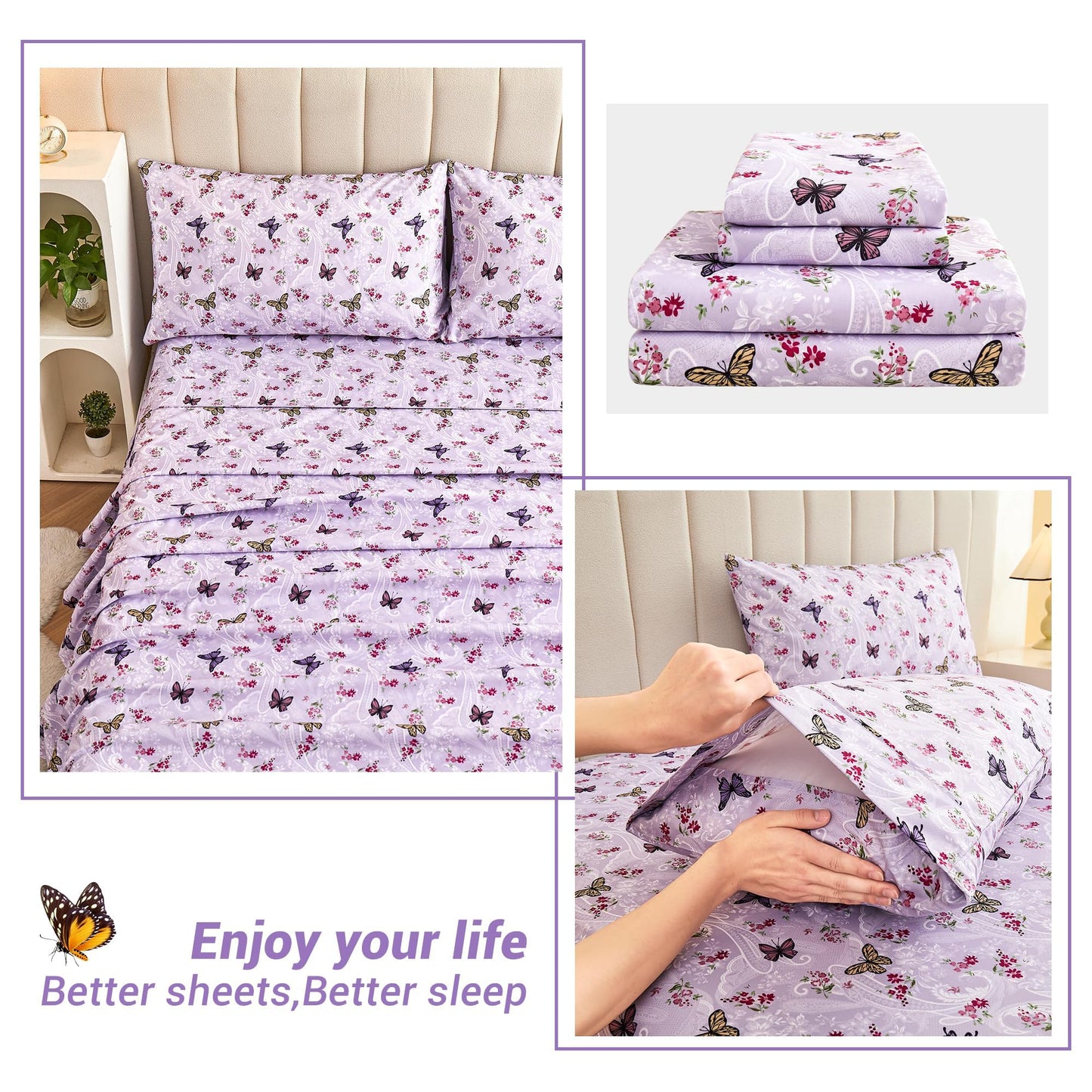 Softan Floral King Bed Sheets, Purple Paisley Flower Printed Sheet Set - Brushed Microfiber King Fitted Sheet with 15" Deep Pocket and Corner Straps, Butterfly Patterned Sheet & Pillowcase Sets