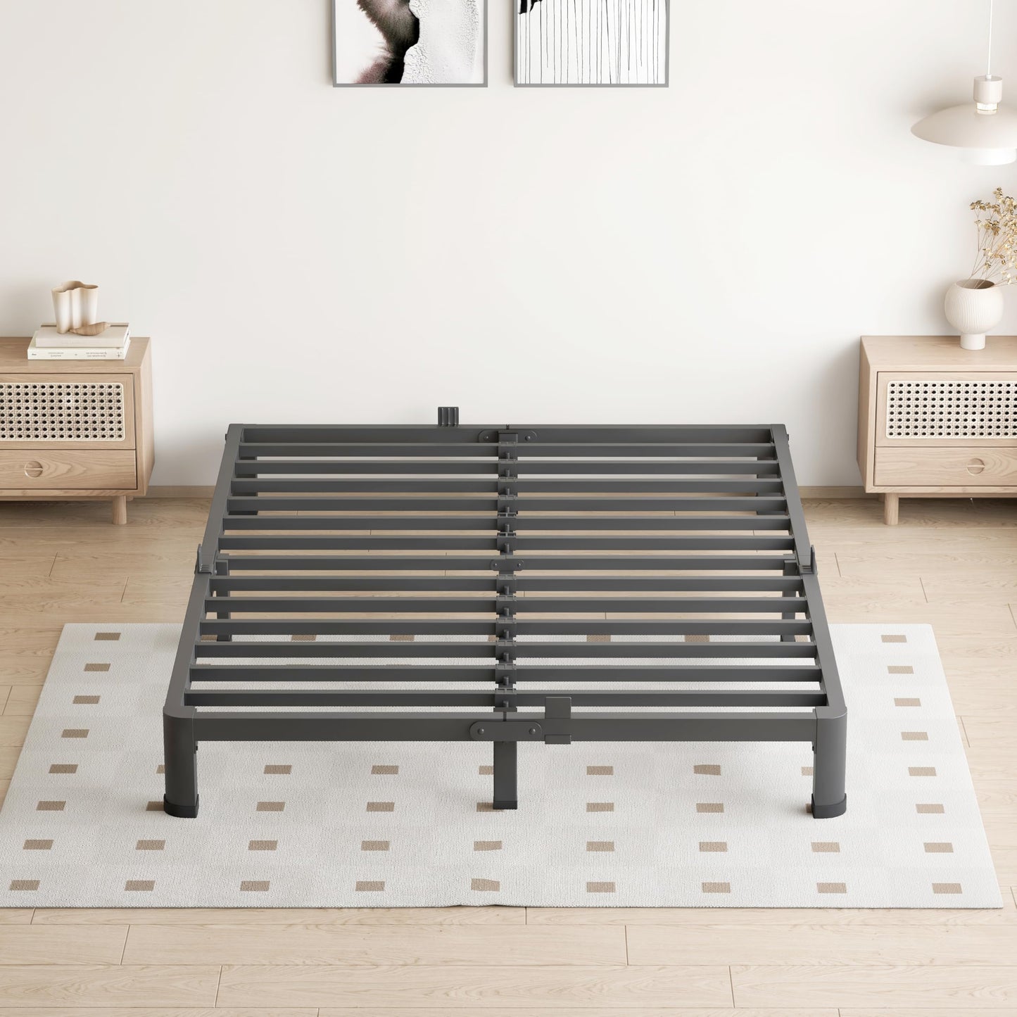 VIPSHOW 4 Inch Queen Bed Frame, 3500Lbs Heavy Duty Metal Platform with Round Corner Legs Mattress Slide Stopper, Steel Slat Support No Box Spring Needed, Noise Free, Non-Slip, Easy Assembly