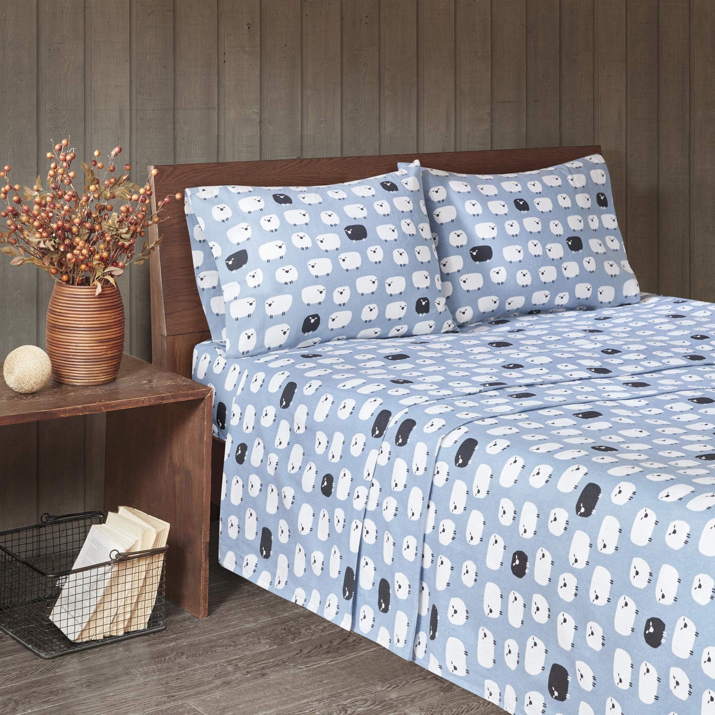 Woolrich Cotton Sheet Set Cottage Charms Print, 100% Cotton Flannel Sheets Warm & Fuzzy Bedding Set Queen Size Sheets, Fitted Pocket Fits Up to 14" Mattress, Queen Blue Sheep, 4 Piece
