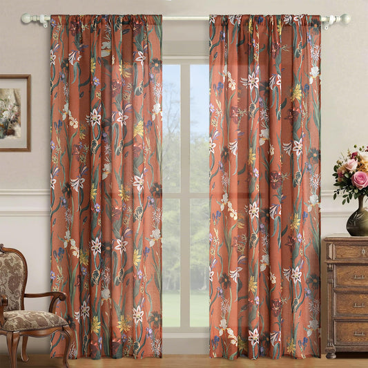 Schweek Boho Terracotta Curtains 84 Inch Length Farmhouse Linen Floral Vintage Curtains 2 Panels Set Botanical Burnt Orange Semi Sheer Curtain Drapes for Living Room Dining Room Kitchen