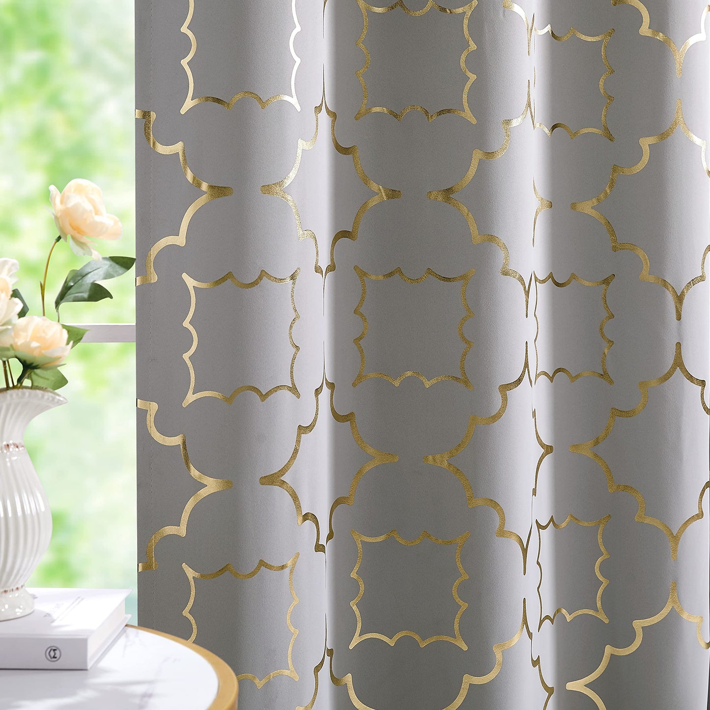 Purainbow Grey Blackout Curtains for Bedroom 90 Inch Long with Gold Foil Moroccan Panels Energy Efficient Drapes for Living Room Decor, Thermal Insulated Window Treatments Grommet Top, 2 Panels