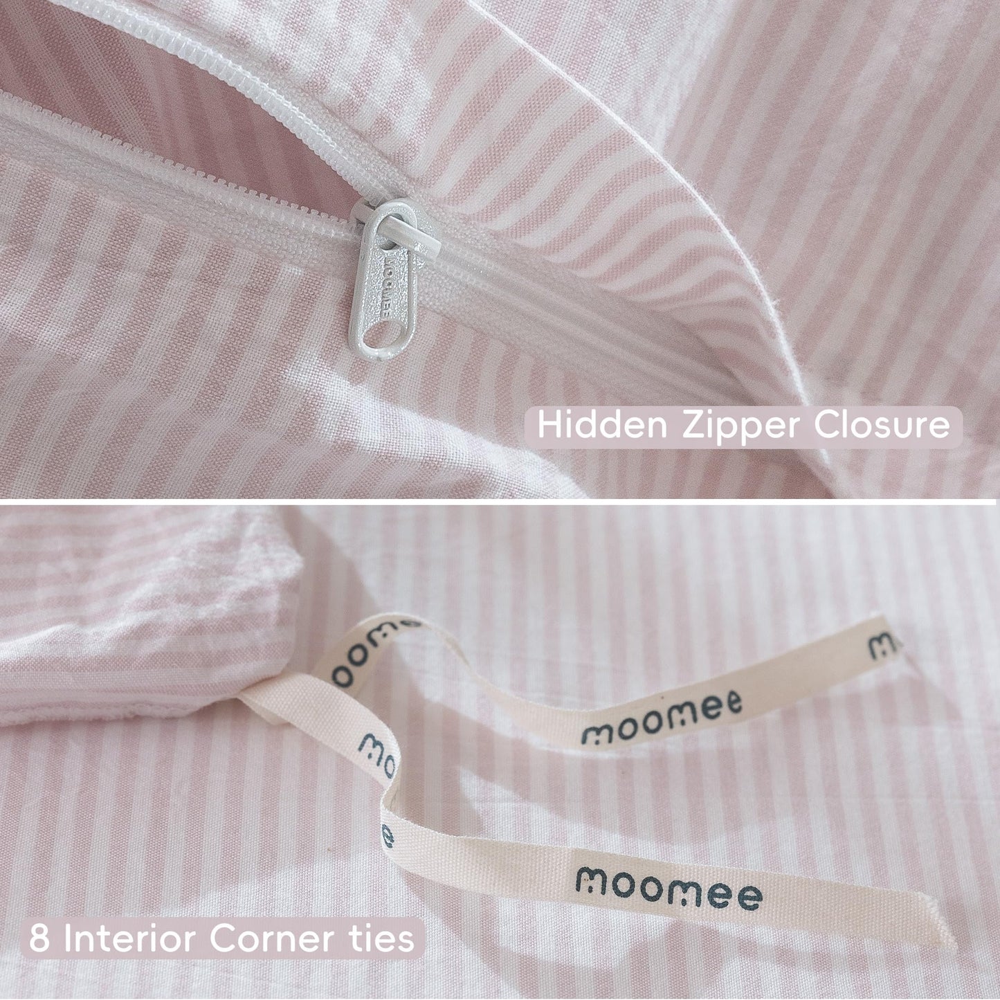 MooMee Striped Duvet Cover Set 100% Washed Cotton Linen Like Textured Breathable Durable Soft Comfy (Heathered Greyish Pink Pinstripes, Queen 90"x90")