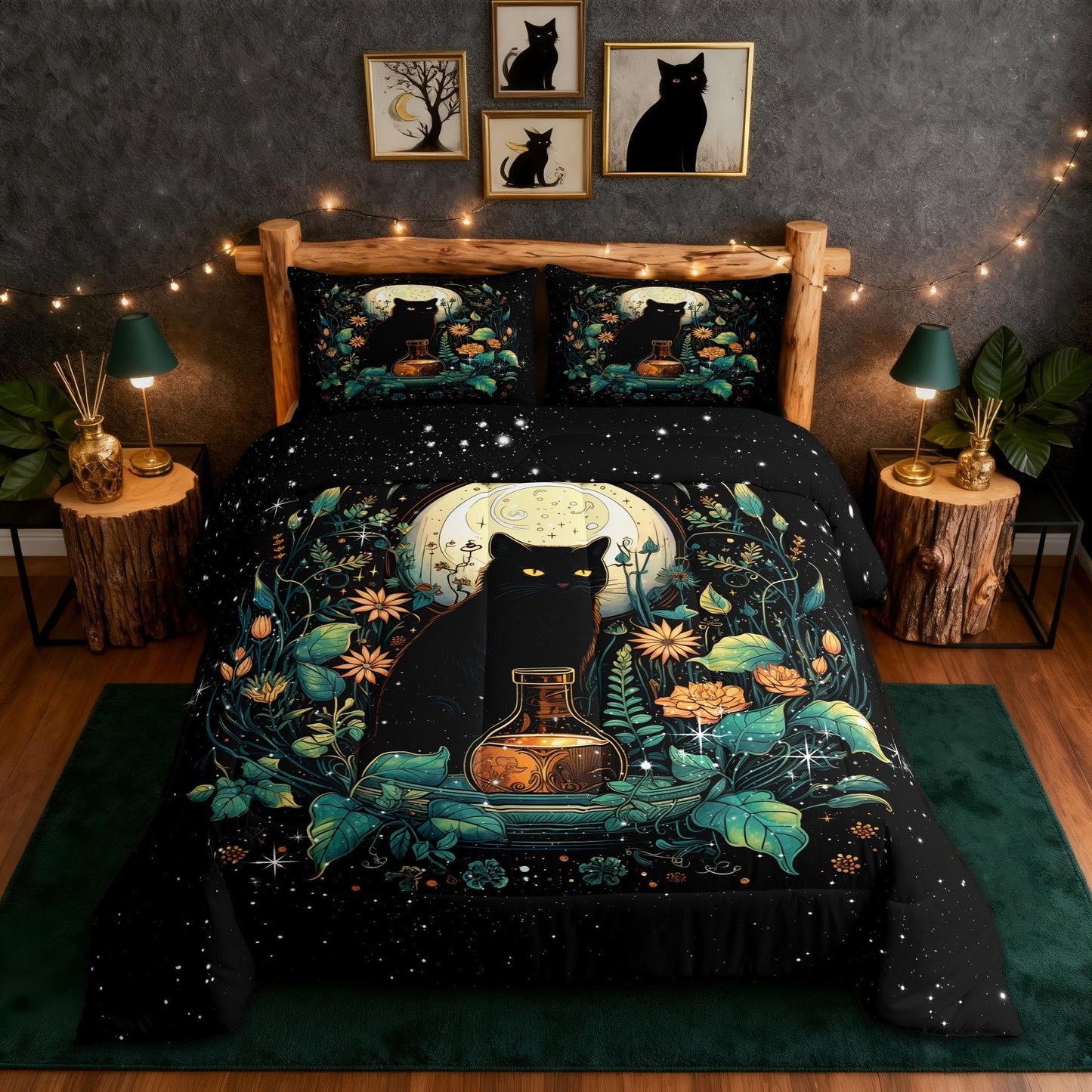 Cute Cat Comforter Set Full Size,Flower Leaves Kids Bedding Set Moon Night Starry Sky Quilt Set for Girls Boys Teens Room Decor,Trippy Pet Animals Plant Duvet Insert,2 Pillowcases,Black