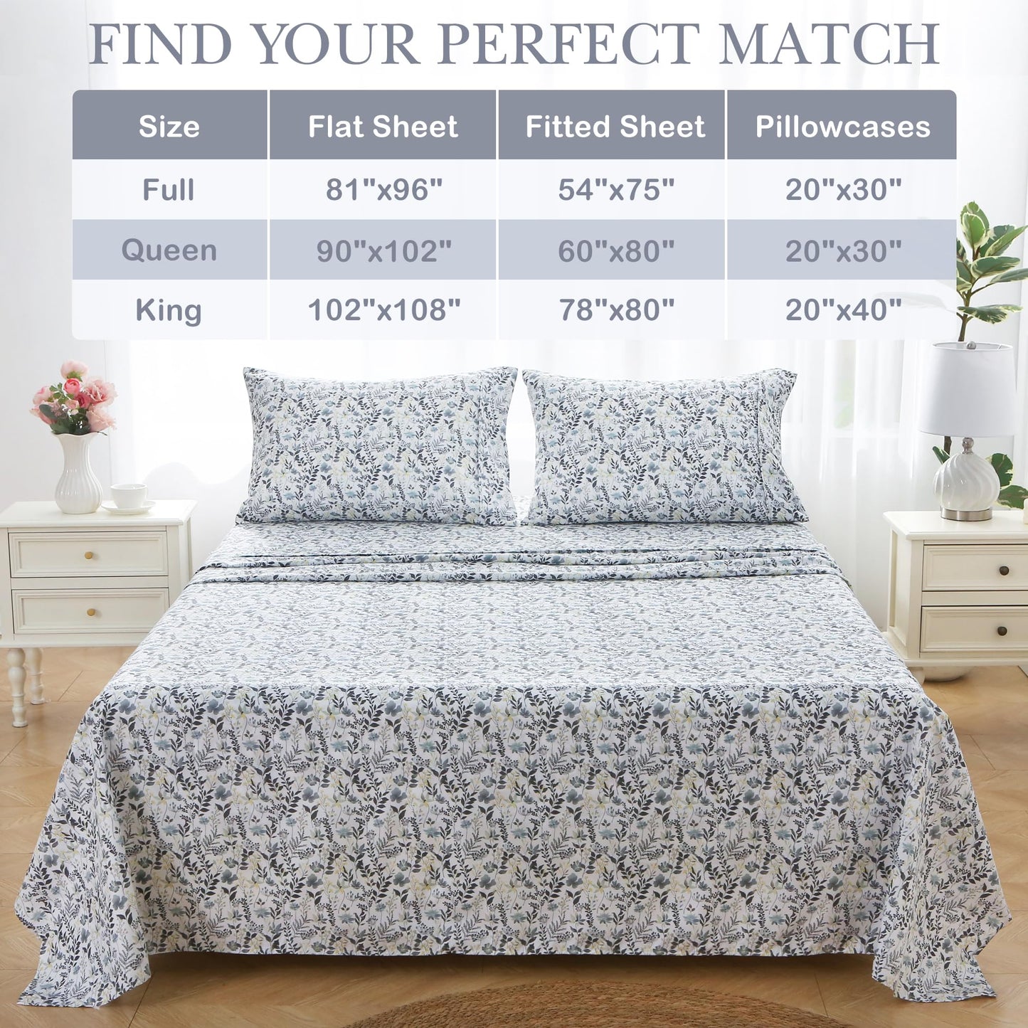 Mooreeke Cozy Vintage Microfiber Printed Twin Sheet Set - Soft Breathable Floral Bed Sheets with Deep Pocket - Non-Slip Fitted Design - Yellow Blue Gray Gradient Flowers Pattern