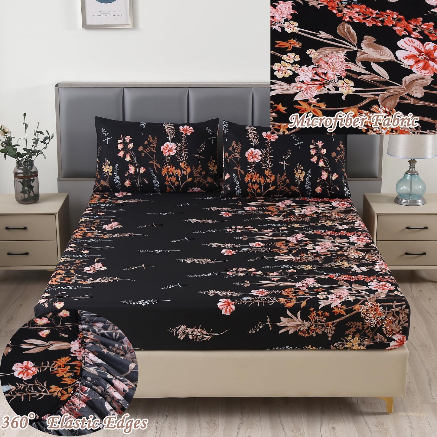 MAG 3pcs Black Floral Full Bed Sheet,Microfiber Flower Boho Fitted Sheets with 1 Fitted Sheet and 2 Pillowcases,14 Inches Deep (Black, Full)