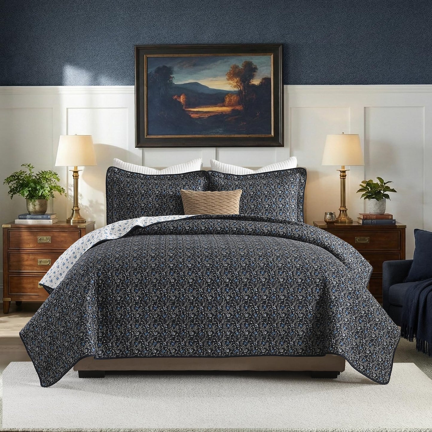 DDUOXIN Botanical Queen Quilt Set - 100% Cotton Reversible Plant Floral Quilts with 2 Pillow Shams, Curling Leaves Lightweight Bedspread Bedroom Bedding for All Seasons, Navy Blue/Blueberry/Bluesteel