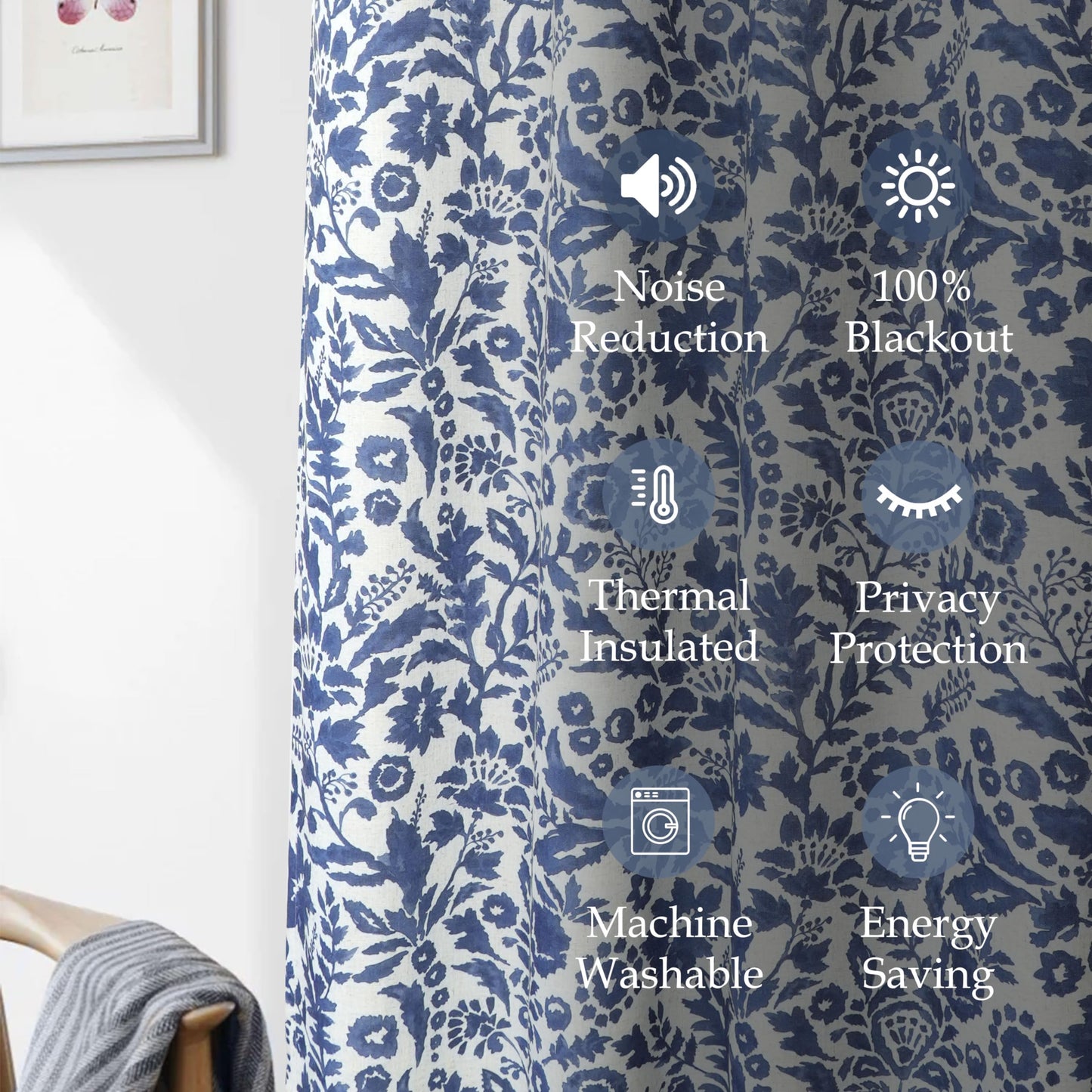 DriftAway Julia 100% Blackout Linen Curtains for Bedroom Navy Floral Watercolor Pattern Double Layer Thermal Insulated Sound Reducing Drapes for Living Room Grommet 2 Panels Each W52 x L84 Linen Navy