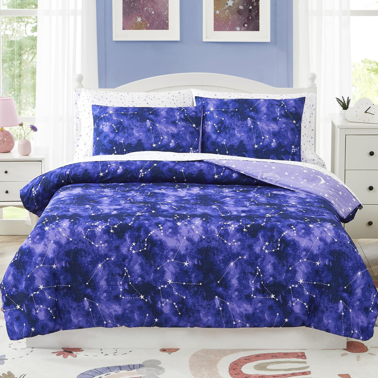Kaleido Space Twin Kids Comforter Set - 5 Pieces Twin Bedding Sets for Boys Girls Teen, Glow in The Dark Galaxy Bed in A Bag with Sheets