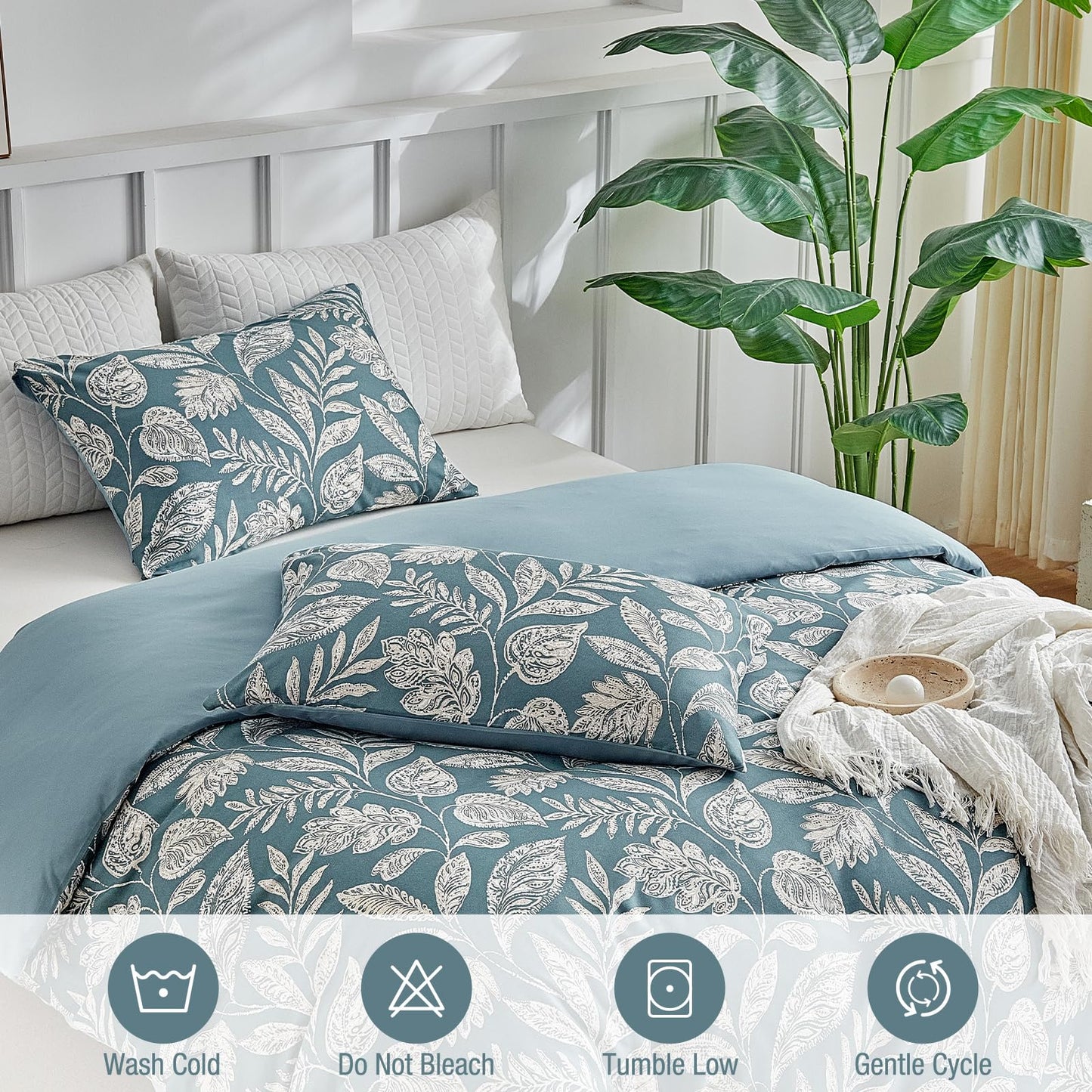 Lekesky Duvet Cover King Size, Reversible Teal Blue Floral Comforter Cover Set King Size 3pc, Soft 100% Washed Microfiber Breathable Bedding Sets with Zipper Ties and 2 Pillowcases
