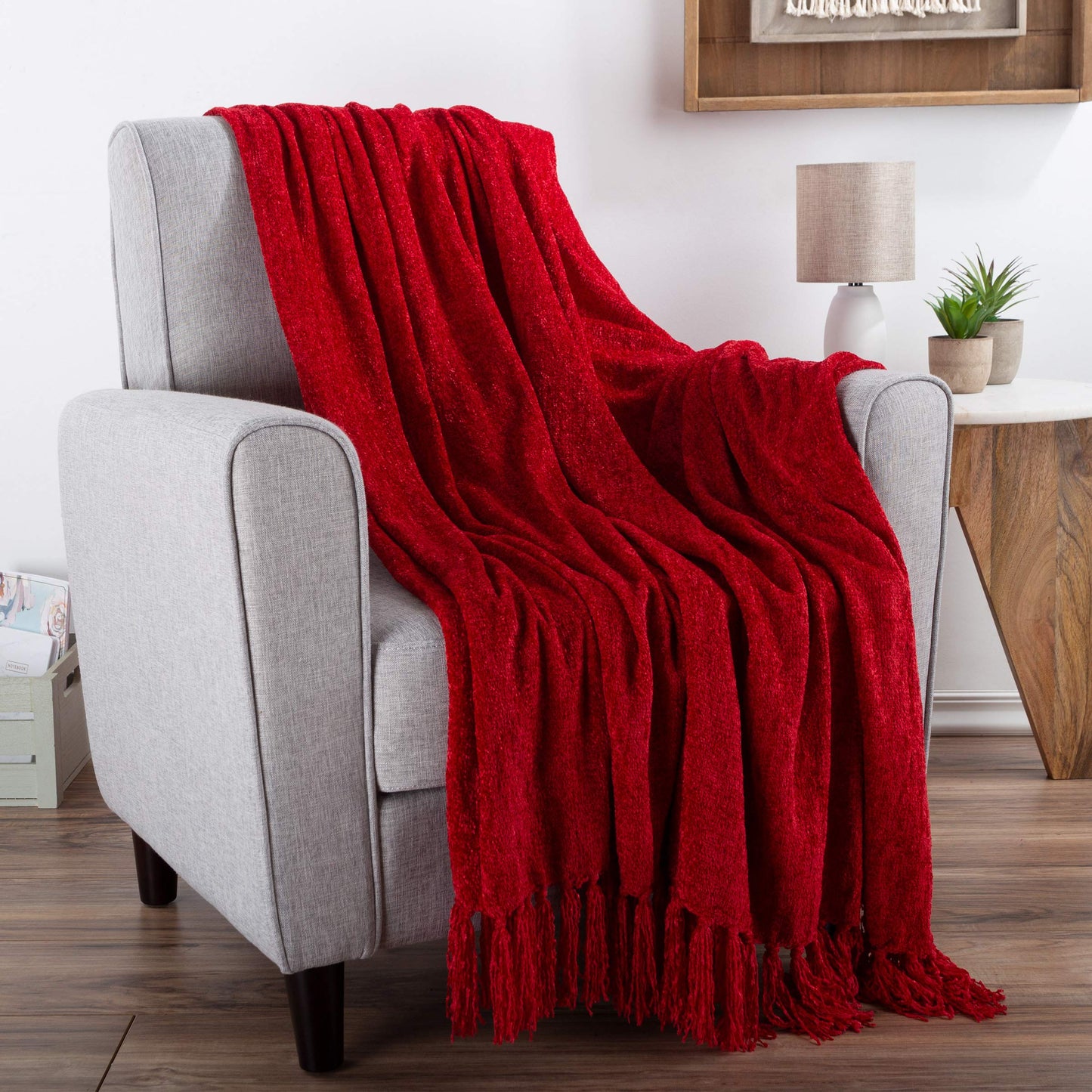 Chenille Throw Blanket- For Couch, Home Décor, Bed, Sofa & Chair-Oversized 60” x 70”- Lightweight, 5” Fringe, Ultra-Soft & Shiny in Lagoon Teal by LHC, Vineyard Red