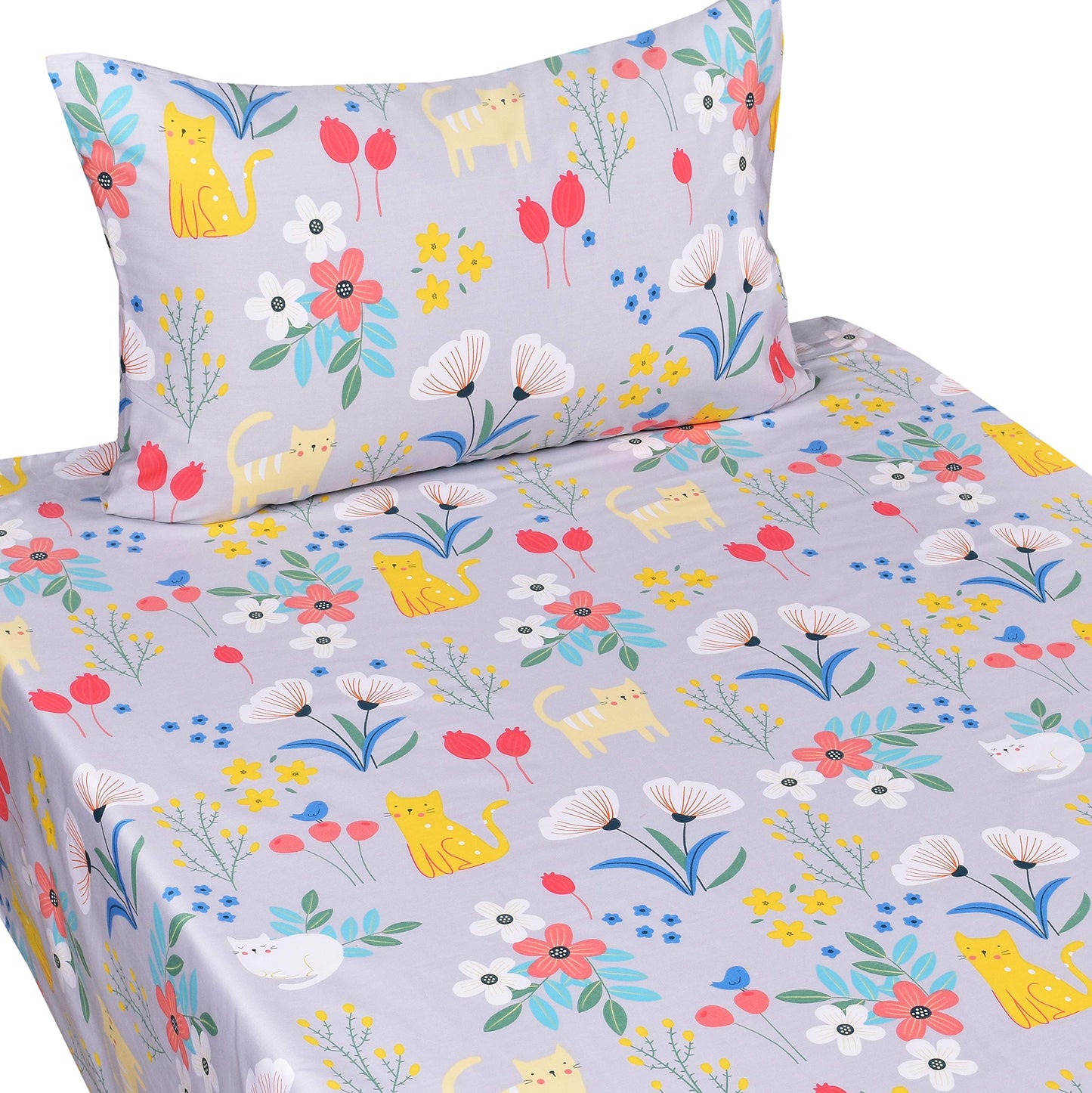 Scientific Sleep Kitty Cats Flowers Girls Kids Toddler Teens 100% Cotton Twin Bed Sheet Set, Flat Sheet & Fitted Sheet & Pillowcase Bedding Set (Cats Flower, Twin)