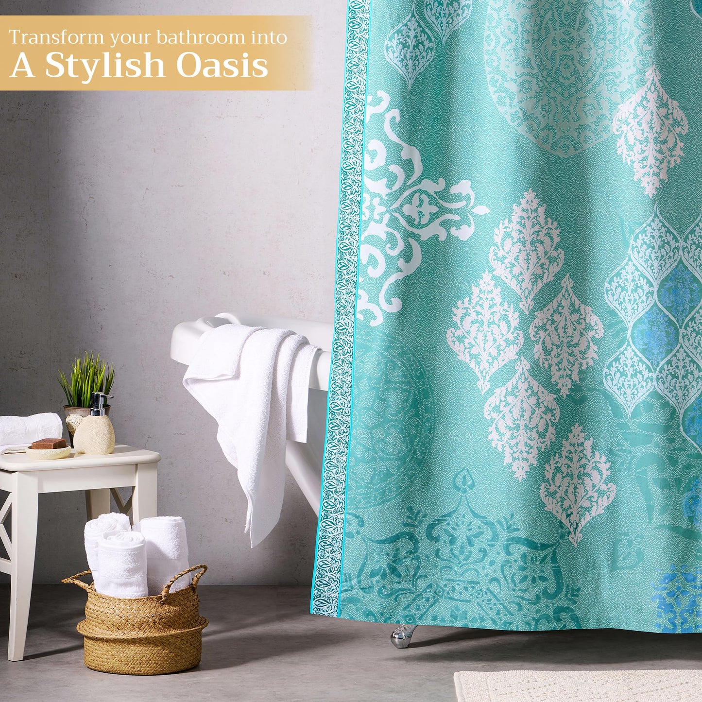 Maison d' Hermine Shower Curtain 100% Cotton One Panel 70"x72" Washable Fabric Shower Curtains for Bathroom, Easy Hanging with 12 Button Holes - Home Spa Spring Summer - Versailles - Turquoise