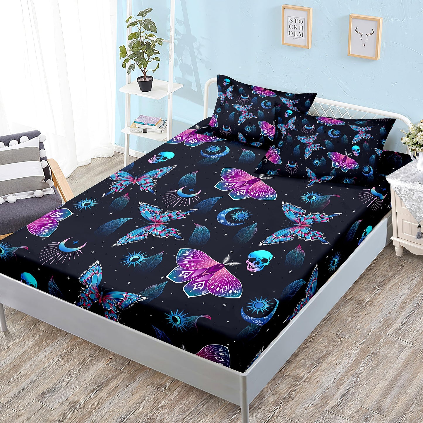 HOSIMA Halloween Fitted Sheet Skull Butterfly Bed Set,Goth Bedding Set Black Sheets Deep Pocket All-Round Elastic Bed in A Bag Full Size for Adults Boys Girls Halloween Room Decor.