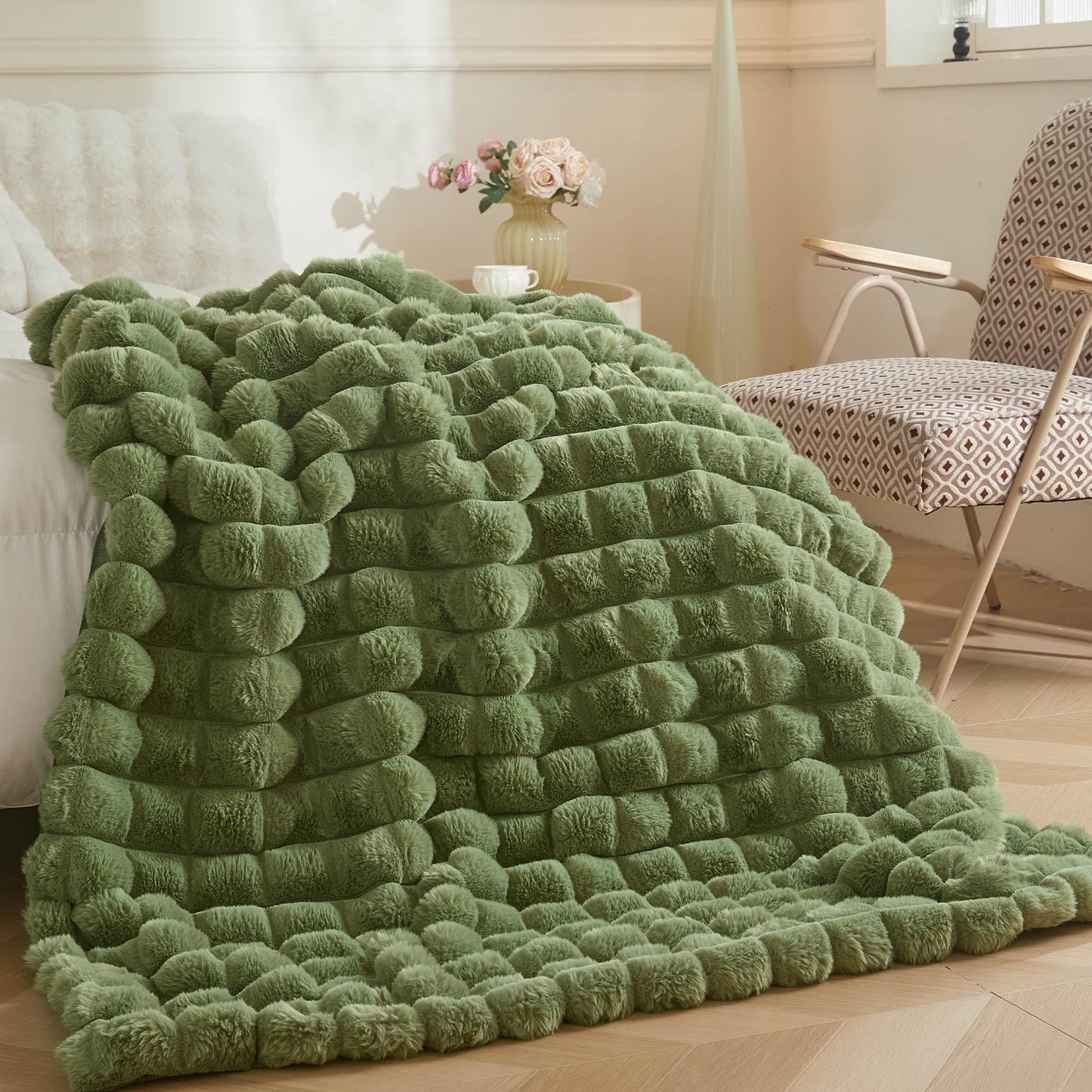 MEGO Luxury Fluffy Faux Rabbit Fur Throw, Green Comfy 3D Bubble Checkered Grid Plush Furry Blanket for Bed Couch Sofa Chair Office, Shaggy Fuzzy Throw Blanket for Kids Girls Adults, 50x60, Sage Green