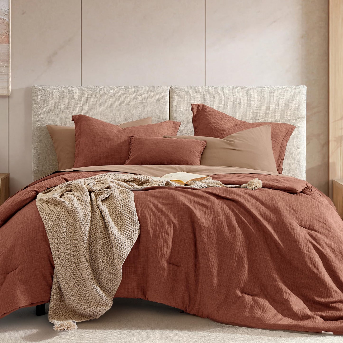 Geniospin Queen Size Comforter Set- 7 Pieces Terracotta Textured King Bedding Set, Soft Solid Bed in a Bag for All Seasons, Fall Comforter Set with Sheets