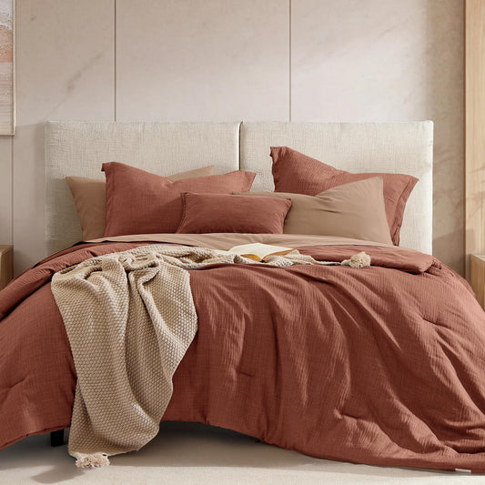 Geniospin Queen Size Comforter Set- 7 Pieces Terracotta Textured King Bedding Set, Soft Solid Bed in a Bag for All Seasons, Fall Comforter Set with Sheets