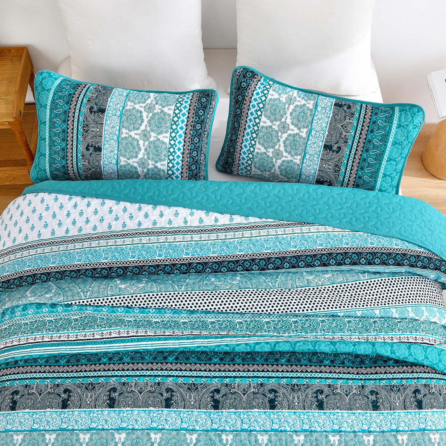 WONGS BEDDING Boho Quilt Set King Size, Teal 3 Pieces Bohemian Striped Patchwork Bedspread Coverlet, Lightweight Soft Microfiber Bedding Set for All Season (104"x90")