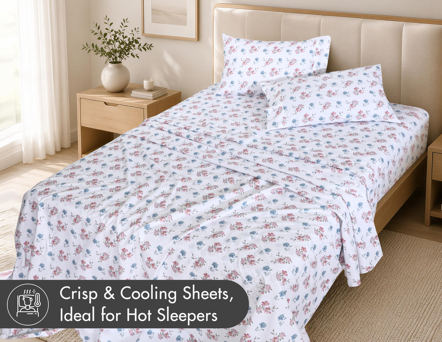 ZOYER 100% Cotton Sheets – Full Size Percale Bedding, Cooling & Breathable, Durable with a Crisp, Soft & Comfortable Feel, 16" Deep Pocket, 4-Piece Set, Flora Rhapsody