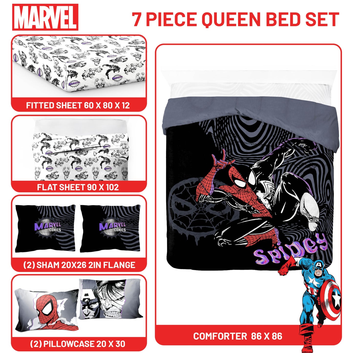 Jay Franco Kids Comforter Set Includes Sheets and Pillow Covers - Soft and Cozy Bed Set for Stylish Room Decor, Black - Marvel Comics, 7 Piece Queen Size Bedding