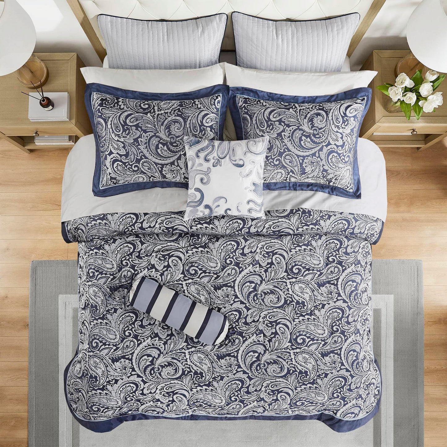 Madison Park Aubrey Cozy Comforter Set, Faux Silk Jacquard Paisley Design - All Season Down Alternative Bedding with Cotton Bed Sheets, Bed Skirt & Toss Pillows, Queen Navy 12 Piece