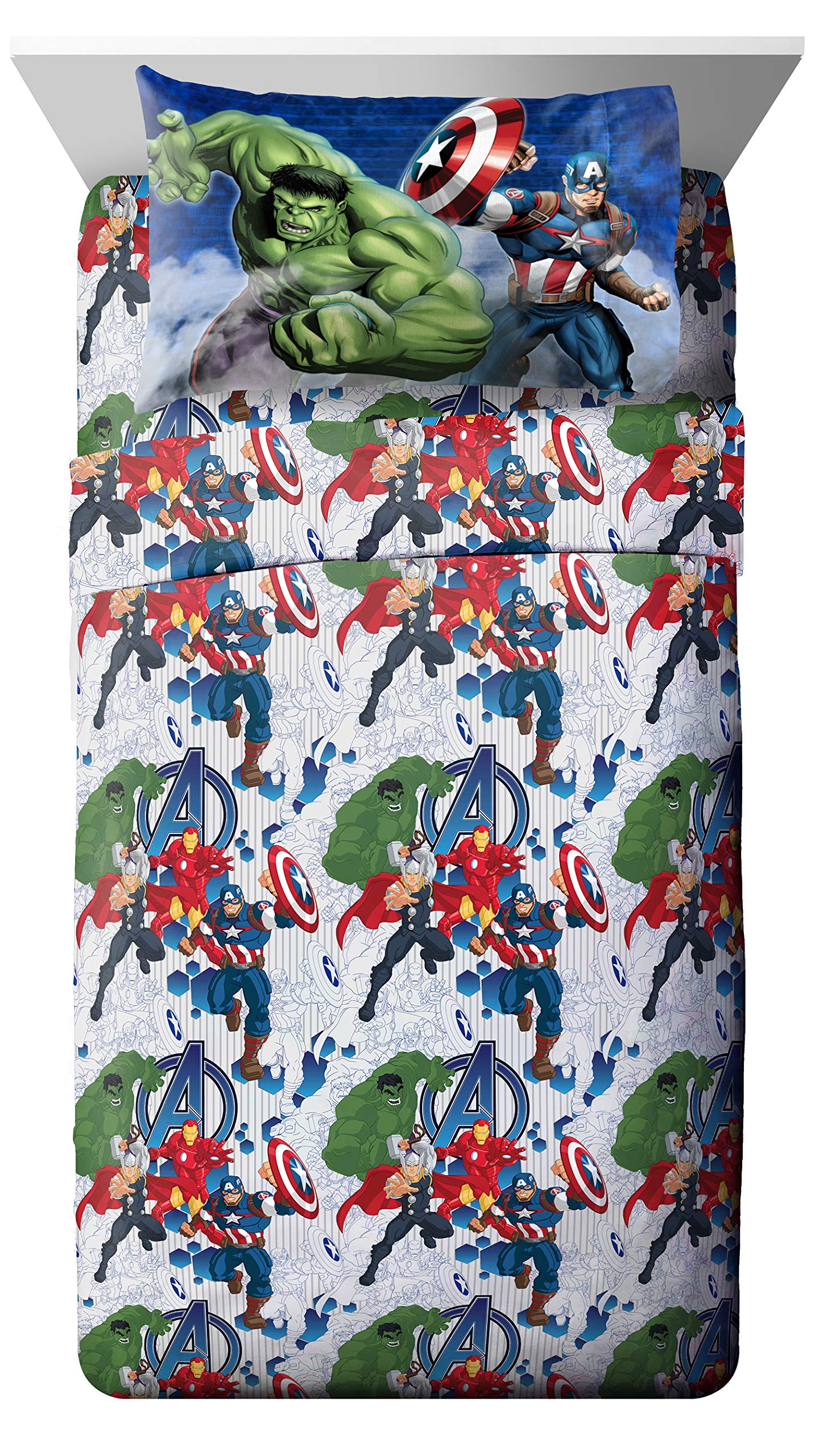 Marvel Avengers Blue Circle 5 Piece Full Bed Set - Includes Reversible Comforter & Sheet Set - Bedding Features Captain America & Iron Man - Fade Resistant Microfiber (Official Marvel Product)