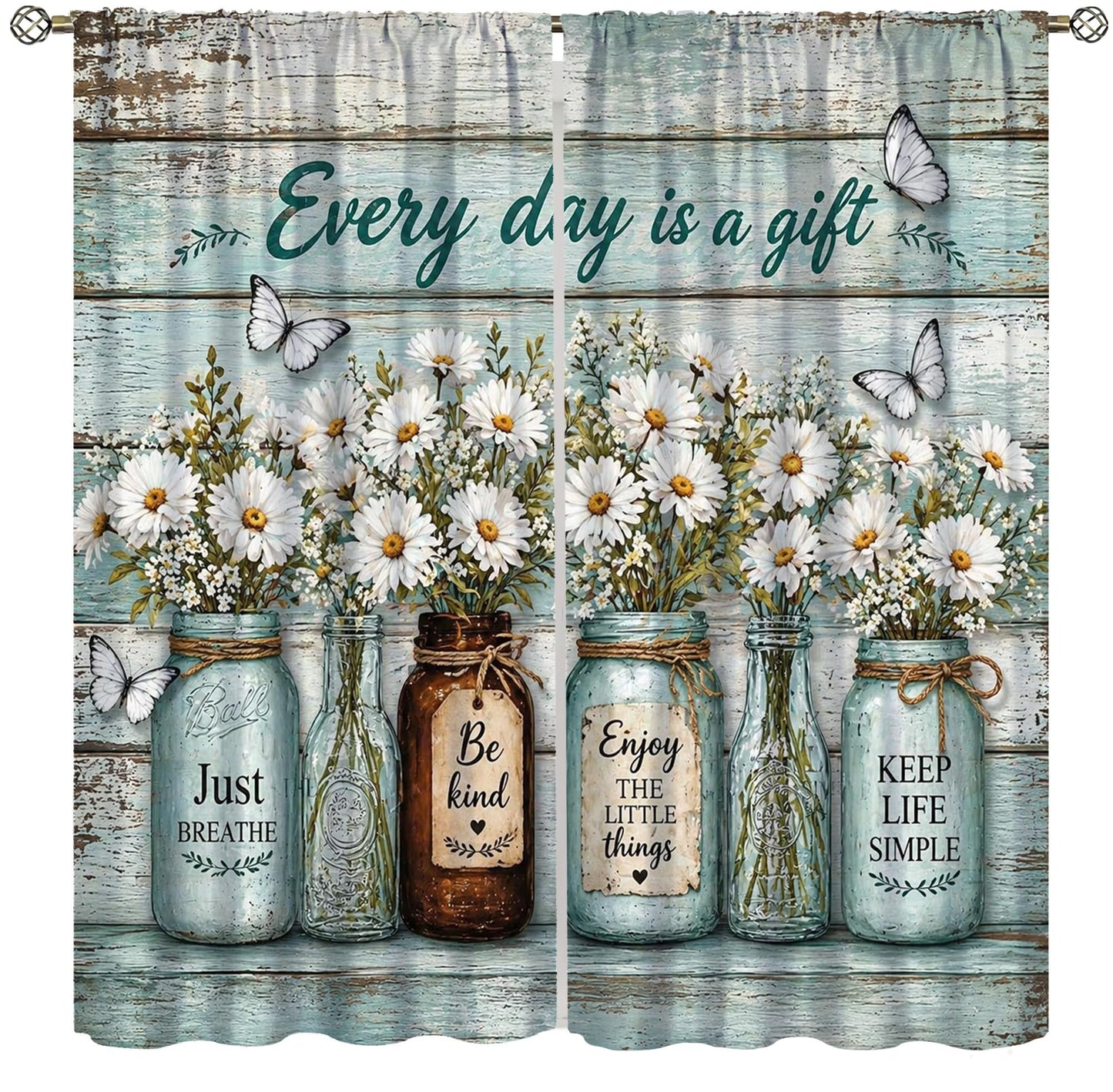 Farmhouse Kitchen Curtains for Windows, Rustic Blue Wood Wildlife Daisy Cafe Curtains Inspirational Quotes Every Day is a Gift Small Window Treatment for Bathroom Laundry Room 2 Panels 21x45 Inch