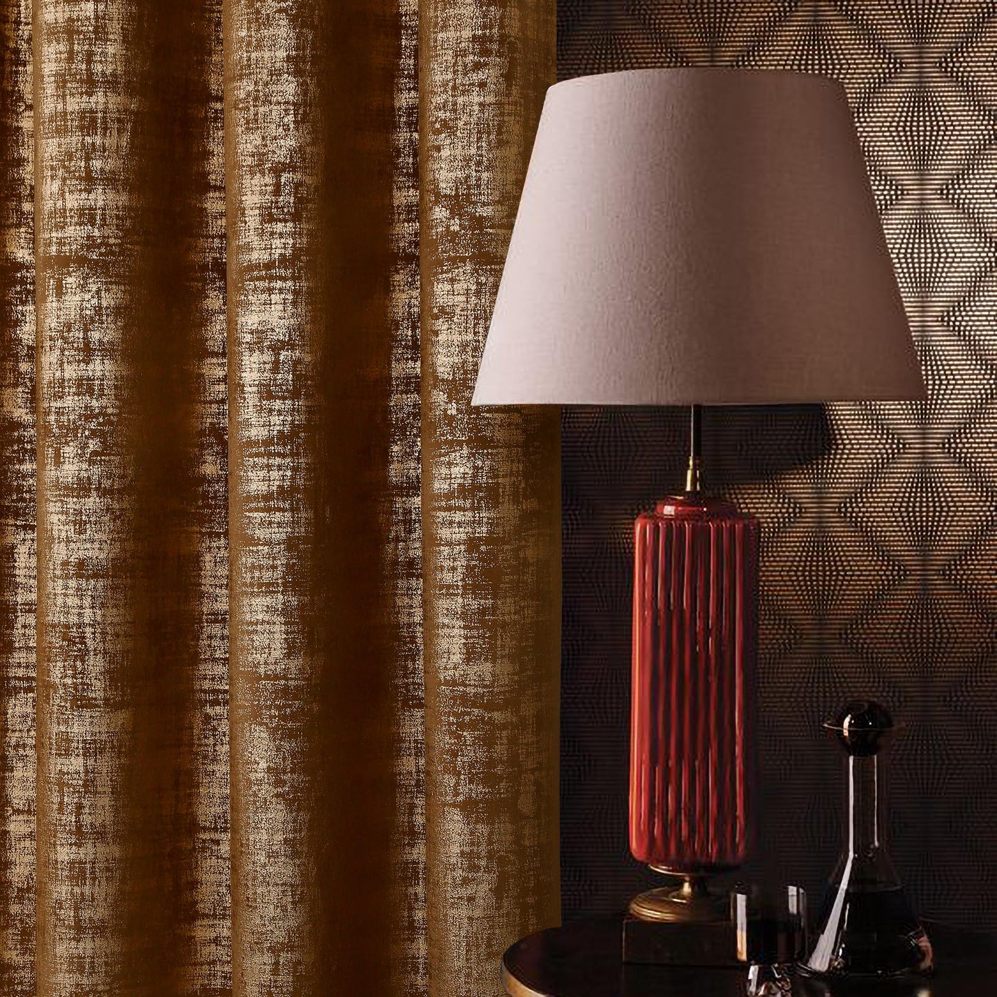 always4u 100% Blackout Soft Velvet Curtains for Bedroom Living Room Thermal Energy Saving 84 Inches Long Luxury Gold Foil Print Drapes 2 Panels Caramel